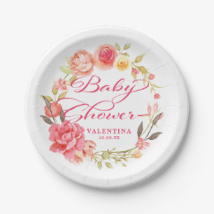Roze Bloemenkalligrafie Girly Baby shower Papieren Bordje