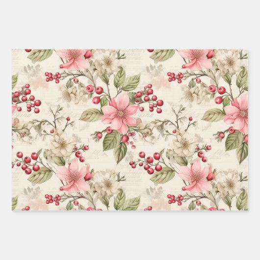 roze bloemenkerst inpakpapier vel (Voorkant 2)