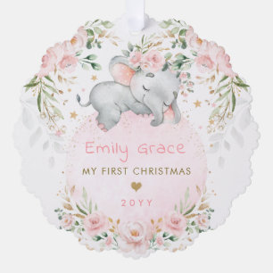 Roze bloemenklephant baby eerste 1e kerst ornament kaart