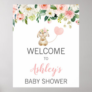 Roze Bloemenkonijnenballon Baby shower Welkomstbor Poster