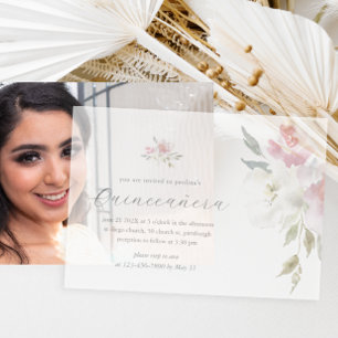 roze bloemenkorf 15 jaar verjaardag quinceañera vellum uitnodigingen