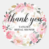 Roze Bloemenkrans Bedankt Ronde Sticker (Voorkant)