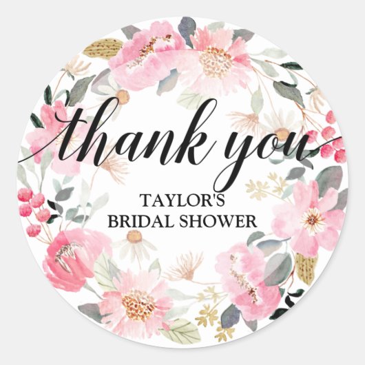Roze Bloemenkrans Bedankt Ronde Sticker (Voorkant)