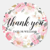 Roze bloemenkrans Bedankt Ronde Sticker (Voorkant)
