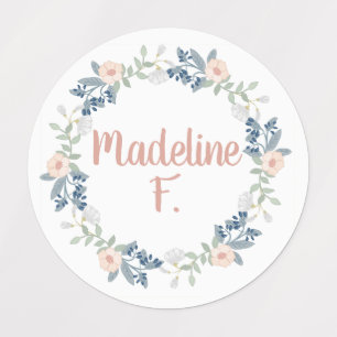 Roze Bloemenkrans Custom Name Initiaal School Labels