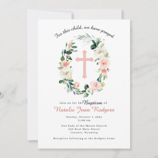 Roze Bloemenkrans Doop Uitnodiging (Voorkant)