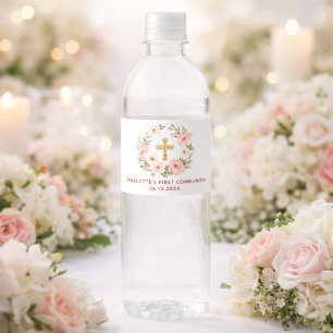 Roze bloemenkrans Eerste Communie Waterfles Etiket