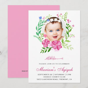 Roze bloemenkrans foto babymeisje Aqiqah Kaart