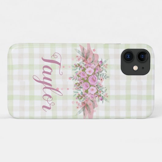 Roze Bloemenkrans Groen Gingham Case-Mate iPhone Case (Achterkant (horizontaal))