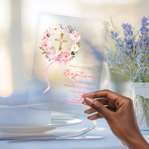 Roze bloemenkrans lint meisje doop helder acryl uitnodigingen
