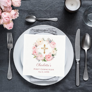 Roze bloemenkrans meisje Eerste Communie lunch Servet