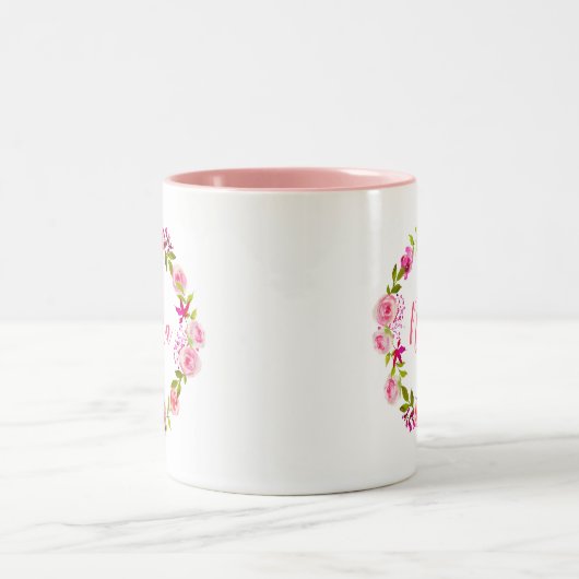 Roze Bloemenkrans Moederdag Gift voor Nana Tweekleurige Koffiemok (Center)