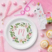 Roze Bloemenkrans Monogram Verjaardagsfeestje Bord (Feest)