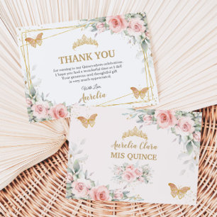 Roze bloemenkroon Quinceañera Vlinder Bedankkaart
