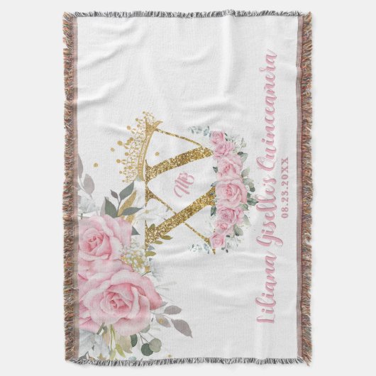 Roze Bloemenkroon XV QUINCEAÑERA Quince Keepsake Deken (Voorkant Verticaal)