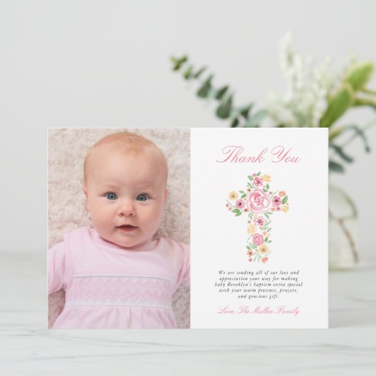 Roze Bloemenkruis Doop Foto Dank u Bedankkaart (Staand voorkant)