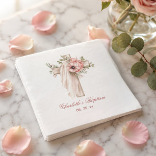 Roze Bloemenkruis Doop Servet