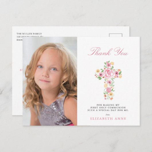 Roze Bloemenkruis Eerste Heilige Communie Dank u Briefkaart (Voorkant / Achterkant)