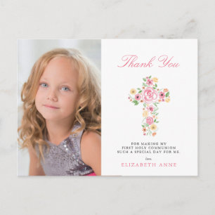 Roze Bloemenkruis Eerste Heilige Communie Dank u Briefkaart