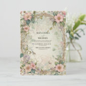 roze bloemenkunst nouveau bruiloft kaart (Staand voorkant)