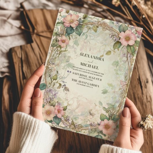 roze bloemenkunst nouveau bruiloft kaart