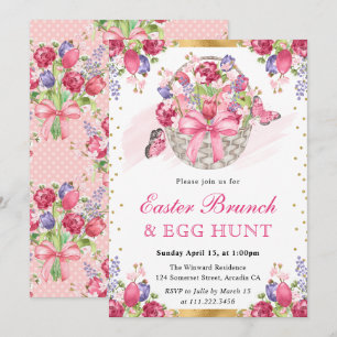 Roze bloemenmand en vlinders Pasen brunch Kaart