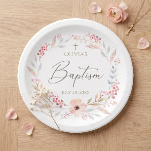 Roze bloemenmeisje Doop Ronde Papieren Bordje