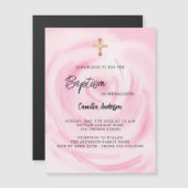 Roze bloemenmeisje luxe doop magnetische uitnodiging (Voorkant / Achterkant)