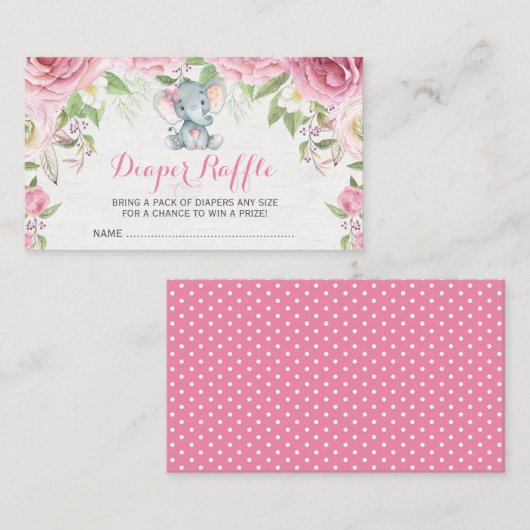 Roze Bloemenolifant Baby Luier Raffle Ticket Informatiekaartje (Voorkant / Achterkant)