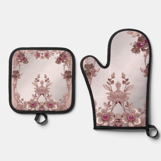 Roze  Bloemenoven Mitt & Pot Holder Set (Voorkant)