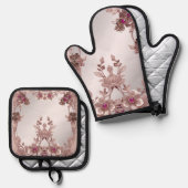 Roze  Bloemenoven Mitt & Pot Holder Set (Voorkant / Achterkant)