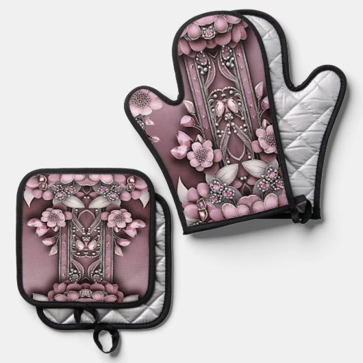 Roze Bloemenoven Mitt & Pot Houder Set (Voorkant / Achterkant)