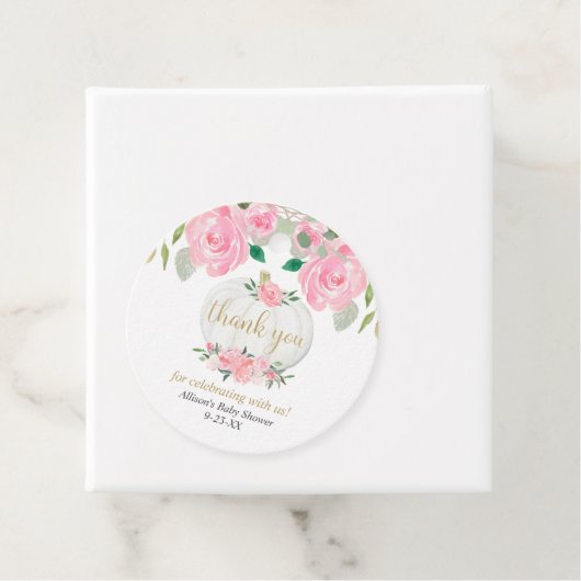 Roze bloemenpompoen goud wit baby shower bedankjes labels (In situ)