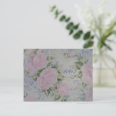 Roze bloemenrozen vintage briefkaart (Staand voorkant)