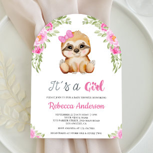 Roze Bloemenschildering Cute Sloth Boog Baby Showe Kaart
