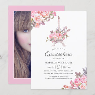Roze Bloemenschildering Paris Quinceañera Foto Kaart