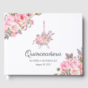 Roze bloemenschildering vintage Parijs Quinceanera Gastenboek