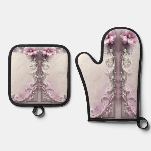 Roze bloemenset ovenwant en pannenlapper & pannenlap set (Voorkant)
