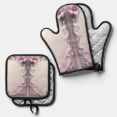 Roze bloemenset ovenwant en pannenlapper & pannenlap set (Voorkant / Achterkant)