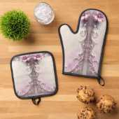 Roze bloemenset ovenwant en pannenlapper & pannenlap set (Top down)