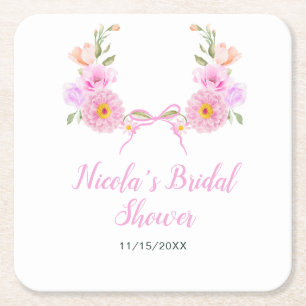 Roze bloemensieraden bruidsdouche vierkante kartonnen onderzetter