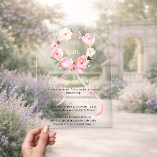 Roze bloemenslinger boog meisje Baby Shower Acryl Uitnodigingen