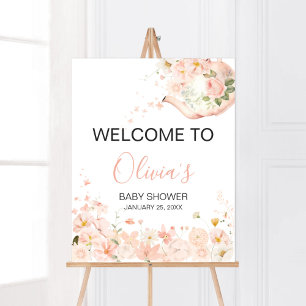 Roze Bloementhee voor twee Baby shower Welkom Poster