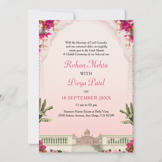 Roze Bloementuin Indiaas Kleurrijke bruiloft uitno Kaart (Voorkant)