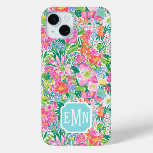 Roze bloementuin met monogram iPhone 15 mini hoesje