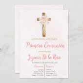 Roze bloemenuitnodiging voor de eerste communie kaart (Voorkant / Achterkant)