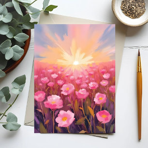 Roze Bloemenveld Waterverf Bloemen Briefkaart