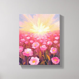 Roze Bloemenveld Waterverf Bloemen Canvas Afdruk