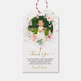 Roze Bloemenvlinder Doop Cadeaulabel