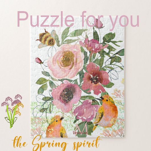 Roze bloemenwitte puzzel met vogels